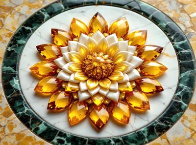 The primary subject of the image is a beautifully crafted yellow flower, which is the main focus of the scene. The flower is placed on a white plate, which serves as the setting or background. The visual style of the image is a combination of photo and digital art, creating a realistic yet artistic representation of the flower. The dominant colors in the image are yellow and white, giving the scene a warm and inviting atmosphere.