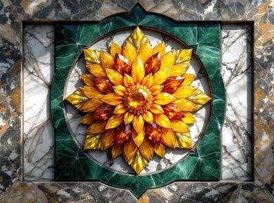 The primary subject of the image is a large, colorful flower made of glass. The flower is placed on a green and white marble surface, which serves as the setting for the scene. The visual style of the image is a combination of photo and digital art, creating a vibrant and eye-catching display. The dominant colors in the image are yellow and orange, giving the flower a warm and lively appearance.