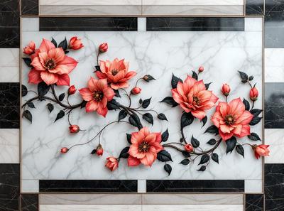 The primary subject of the image is a beautifully designed wallpaper featuring a floral pattern. The setting is a marble wall, which adds a touch of elegance to the scene. The visual style of the image is a combination of photo and digital art, creating a realistic yet artistic representation of the floral pattern. The dominant colors in the image are red, pink, and white, giving the wallpaper a warm and inviting atmosphere.