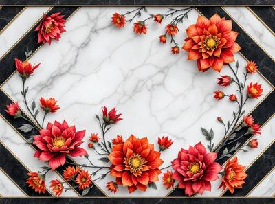 The primary subject of the image is a beautifully designed and intricately crafted floral pattern. The setting is a white marble surface, which serves as the background for the artwork. The visual style is a combination of digital art and illustration, creating a vibrant and lively atmosphere. The dominant colors in the image are red, orange, and yellow, which are used to depict the flowers and create a warm and inviting mood.