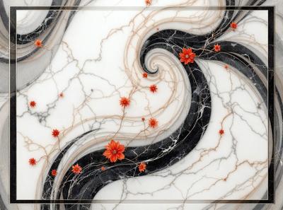 The primary subject of the image is a marble table with a swirling pattern. The setting is a black and white marble table, and the visual style is a patterned marble table. The colors and mood of the image are predominantly black and white, giving it a classic and elegant appearance.