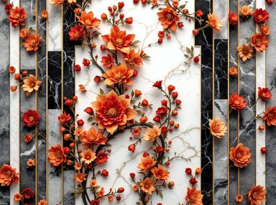 The primary subject of the image is a beautifully designed wallpaper featuring a floral pattern. The wallpaper is adorned with orange flowers, creating a warm and inviting atmosphere. The setting is a white wall, which serves as a perfect backdrop for the vibrant wallpaper. The visual style of the image is a combination of digital art and illustration, showcasing the intricate details of the flower pattern. The colors and mood of the image are predominantly orange, which adds a sense of warmth and