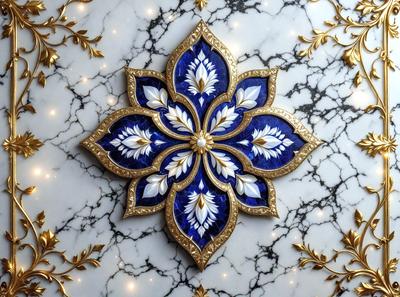 The primary subject of the image is a blue and gold decorative piece, possibly a stained glass window or a piece of artwork, featuring a blue flower design. The setting is a marble surface, which serves as the background for the artwork. The visual style appears to be a combination of digital art and traditional craftsmanship, as the blue flower design is intricately crafted and the gold accents add a touch of luxury. The colors and mood of the image are predominantly blue and gold, creating