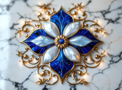 The primary subject of the image is a decorative piece featuring a blue and gold flower design. The setting is a marble table, and the visual style appears to be a combination of digital art and illustration. The dominant colors in the image are blue and gold, creating a sense of elegance and sophistication.