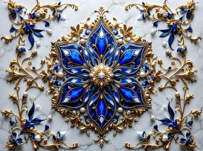 The primary subject of the image is a beautifully designed blue and gold flower pattern. The setting is a marble surface, which adds to the elegance of the design. The visual style is a combination of photo and digital art, creating a vibrant and intricate pattern. The dominant colors are blue and gold, giving the pattern a rich and luxurious appearance.