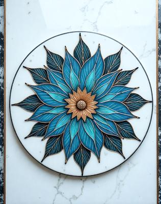 The primary subject of the image is a beautifully crafted blue and gold flower, which is the main focus of the image. The flower is set against a white marble background, giving it a clean and elegant appearance. The visual style of the image is a combination of digital art and illustration, as the flower is intricately detailed and has a vibrant color palette. The dominant colors in the image are blue and gold, which create a sense of warmth and sophistication. Overall, the image exudes