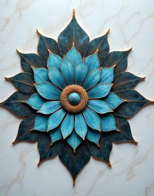 The primary subject of the image is a blue and green flower, which is the main object, scene, or focus of the image. The setting is a white marble wall, and the visual style is a digital art or illustration. The dominant colors are blue and green, creating a calm and serene atmosphere.