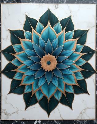 The primary subject of the image is a blue and gold flower, which is the main object, scene, or focus of the image. The setting is a white marble surface, which serves as the backdrop for the flower. The visual style of the image is a combination of photo and digital art, creating a unique and intricate design. The dominant colors in the image are blue and gold, giving the overall atmosphere a sense of elegance and sophistication.