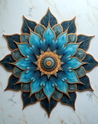 The primary subject of the image is a blue and yellow flower, which is the main object, scene, or focus of the image. The setting is a white marble surface, which serves as the backdrop for the flower. The visual style of the image is a combination of photo and digital art, as it appears to be a close-up of the flower on a marble background. The dominant colors of the image are blue and yellow, creating a vibrant and lively atmosphere.