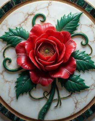 The primary subject of the image is a red flower, which is the main focus of the scene. The flower is placed on a white marble table, which serves as the setting for the image. The visual style of the image is a combination of photo and digital art, creating a realistic yet artistic representation of the flower. The dominant colors in the image are red and white, giving the scene a vibrant and elegant atmosphere.