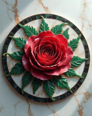 The primary subject of the image is a decorative plate featuring a red rose with green leaves. The plate is placed on a marble surface, which serves as the setting or background. The visual style of the image is a combination of photo and digital art, creating a realistic yet artistic representation of the rose. The dominant colors in the image are red and green, giving the scene a vibrant and lively atmosphere.