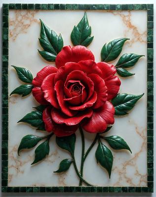 The primary subject of the image is a red rose, which is the main object, scene, or focus of the image. The rose is depicted in a decorative manner, possibly as a part of a mosaic or a pattern. The setting or background of the image features a marble surface, which adds to the overall visual style of the image. The colors in the image are predominantly red, which gives the image a warm and vibrant atmosphere.