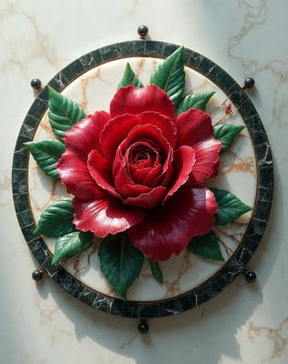 The primary subject of the image is a red flower, which is the main focus of the scene. The flower is displayed on a marble surface, which serves as the setting or background. The visual style of the image is a combination of photo and digital art, creating a realistic yet artistic representation of the flower. The dominant colors in the image are red and green, giving the scene a vibrant and lively atmosphere.
