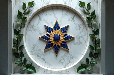 The primary subject of the image is a decorative blue and gold star, which is mounted on a marble surface. The setting is a wall, and the visual style appears to be a combination of a photo and digital art. The colors and mood of the image are predominantly blue and gold, creating a sense of elegance and sophistication.