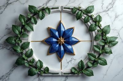 The primary subject of the image is a decorative piece featuring a blue flower design. The setting is a white marble surface, which serves as the background. The visual style is a combination of photo and digital art, creating a unique and eye-catching design. The dominant colors are blue and white, giving the piece a clean and elegant appearance. The overall atmosphere is one of sophistication and artistic expression.