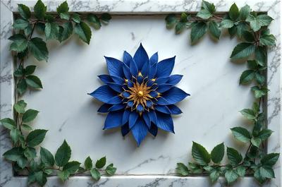 The primary subject of the image is a blue flower with a yellow center, which is placed on a white marble surface. The setting is a white marble wall, and the visual style appears to be a photo. The dominant colors in the image are blue and white, creating a calm and serene atmosphere.