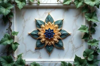 The primary subject of the image is a decorative piece featuring a yellow and blue flower design. The setting is a white marble wall, which serves as the background for the artwork. The visual style of the image is a combination of photo and digital art, creating a unique and eye-catching display. The dominant colors in the image are yellow and blue, which contribute to a warm and inviting atmosphere.