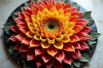 The primary subject of the image is a large, colorful flower with a yellow center. The flower is placed on a table, which serves as the setting. The visual style of the image is a close-up of the flower, showcasing its vibrant colors and intricate details. The dominant colors in the image are yellow, orange, and red, creating a warm and lively atmosphere.
