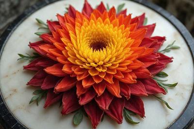 The primary subject of the image is a large, vibrant flower with a mix of red and yellow colors. The flower is placed on a white surface, which serves as the background. The visual style of the image is a close-up of the flower, showcasing its intricate details. The dominant colors of the flower are red and yellow, creating a warm and lively atmosphere.