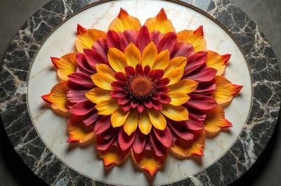 The primary subject of the image is a large, colorful flower with a yellow center. The flower is placed on a white marble surface, which serves as the setting for the scene. The visual style of the image is a combination of photo and digital art, creating a vibrant and eye-catching display. The dominant colors in the image are yellow, orange, and red, giving the flower a warm and lively appearance.