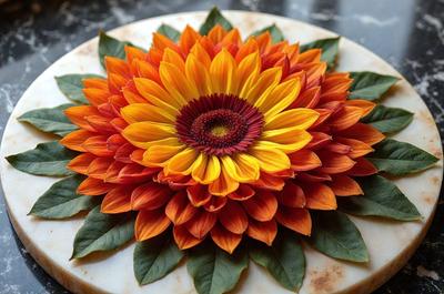 The primary subject of the image is a flower, which is the main object, scene, or focus of the image. The flower is placed on a white surface, which serves as the setting or background. The visual style of the image is a photo, capturing the flower in its natural environment. The dominant colors of the image are orange and yellow, creating a warm and vibrant atmosphere.