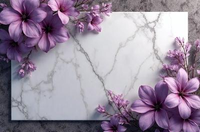 The primary subject of the image is a white marble countertop with a purple flower design. The setting is a room with a purple flower arrangement on the countertop. The visual style is a photo of the marble countertop with the flower design. The colors and mood of the image are predominantly purple, creating a calm and elegant atmosphere.