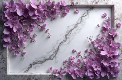 The primary subject of the image is a beautiful arrangement of purple flowers on a marble surface. The flowers are arranged in a vase, creating a visually appealing display. The setting is a marble countertop, which adds a touch of elegance and sophistication to the scene. The visual style of the image is a close-up of the flowers, allowing the viewer to appreciate the details and beauty of the purple flowers. The colors and mood of the image are predominantly purple, creating a