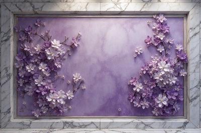 The primary subject of the image is a purple wall with a pattern of white flowers. The setting is a room with a marble surface, which adds to the overall atmosphere. The visual style is a combination of digital art and illustration, creating a unique and artistic display. The dominant colors are purple and white, giving the scene a calm and serene mood.