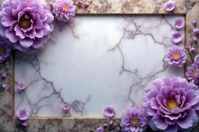 The primary subject of the image is a marble frame with a mirror inside. The setting is a room with a marble countertop. The visual style is a photo of a marble countertop with a mirror. The colors and mood are predominantly purple, with the marble countertop and flowers adding a touch of elegance and sophistication to the scene.