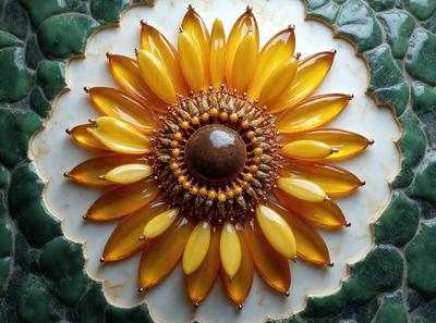 The primary subject of the image is a yellow flower with a brown center, which is the focal point of the scene. The flower is placed on a white surface, which serves as the background. The visual style of the image is a combination of photo and digital art, creating a vibrant and colorful scene. The dominant colors in the image are yellow and brown, giving the flower a warm and inviting appearance.
