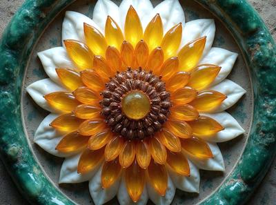 The primary subject of the image is a yellow flower with a yellow center, which is the main focus of the image. The setting is a green surface, possibly a table or a vase, where the flower is placed. The visual style of the image is a close-up of the flower, showcasing its details and colors. The dominant colors in the image are yellow and green, creating a warm and vibrant atmosphere.