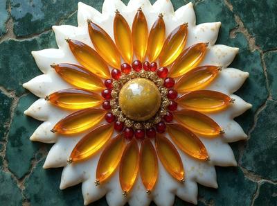 The primary subject of the image is a yellow and red flower, which is the main object, scene, or focus of the image. The flower is set against a green background, which adds a vibrant contrast to the scene. The visual style of the image is a close-up of the flower, showcasing its details and colors. The dominant colors in the image are yellow and red, creating a warm and lively atmosphere.
