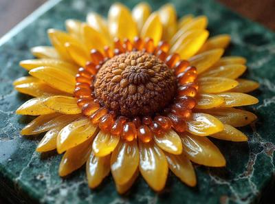 The primary subject of the image is a yellow flower with a brown center, sitting on a green surface. The setting appears to be a table or a similar surface. The visual style of the image is a close-up of the flower, showcasing its details. The dominant colors in the image are yellow and green, creating a warm and natural atmosphere.