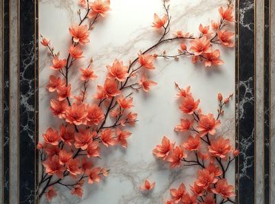 The primary subject of the image is a beautifully crafted paper flower arrangement. The flowers are arranged in a branch-like pattern, creating a visually appealing and artistic display. The setting is a white wall, which serves as a clean and neutral backdrop for the paper flowers. The visual style of the image is a combination of digital art and illustration, as the paper flowers are skillfully crafted and arranged to create a realistic and eye-catching display. The colors and mood of the image are predominantly