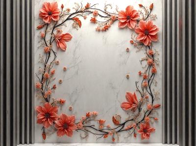 The primary subject of the image is a decorative frame featuring a wreath made of flowers. The frame is set against a marble background, giving it a sophisticated and elegant appearance. The visual style of the image is a combination of photo and digital art, creating a unique and eye-catching design. The colors and mood of the image are predominantly orange and pink, which evoke feelings of warmth, happiness, and celebration.