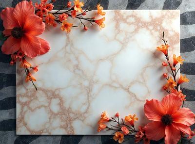 The primary subject of the image is a marble table with a white background. The table is adorned with a beautiful arrangement of flowers, including orange and pink flowers, and possibly some leaves. The visual style of the image is a combination of photo and digital art, creating a realistic yet artistic representation of the flowers and table. The colors and mood of the image are warm and inviting, with the vibrant colors of the flowers and the white marble table creating a sense of elegance and sophistication