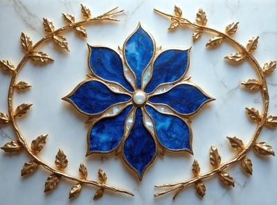 The primary subject of the image is a blue flower with gold accents, which is the main object, scene, or focus of the image. The setting is a marble surface, and the visual style is a combination of photo and digital art. The dominant colors are blue and gold, creating a sense of elegance and sophistication.