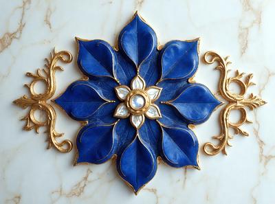The primary subject of the image is a blue and gold decorative piece, possibly a tile or a piece of art, featuring a blue flower design. The setting is a marble surface, which adds to the elegance of the decoration. The visual style is a combination of digital art and illustration, creating a unique and intricate design. The colors and mood of the image are predominantly blue and gold, giving it a sophisticated and luxurious appearance.