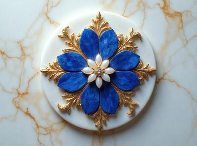 The primary subject of the image is a decorative plate with a blue flower design. The plate is placed on a marble surface, which serves as the setting and background. The visual style of the image is a combination of photo and digital art, creating a unique and intricate design. The dominant colors in the image are blue and gold, giving the plate a sophisticated and elegant appearance.