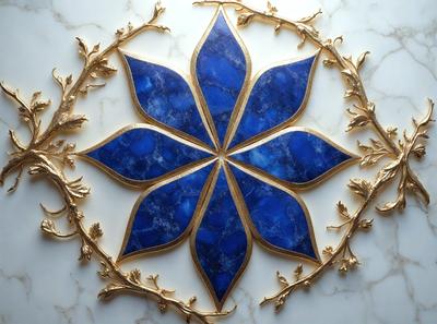 The primary subject of the image is a blue and gold decorative piece, possibly a stained glass window or a piece of artwork, featuring a blue flower design. The setting is a white marble surface, which serves as the background for the artwork. The visual style appears to be a combination of digital art and traditional craftsmanship, as the blue flower design is intricately crafted and the gold accents add a touch of luxury. The colors and mood of the image are predominantly blue and gold,