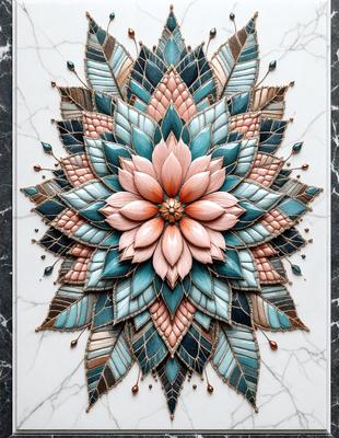 The primary subject of the image is a beautifully crafted, colorful flower design. The setting is a white marble surface, which serves as the background for the flower. The visual style of the image is a combination of digital art and illustration, creating a vibrant and intricate pattern. The dominant colors in the image are blue, pink, and orange, which contribute to a lively and cheerful atmosphere.