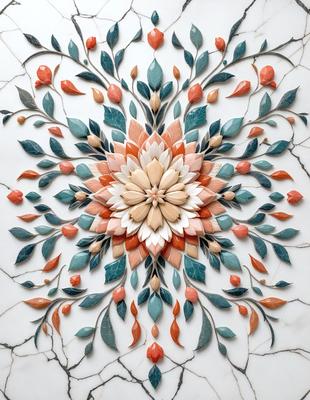 The primary subject of the image is a colorful, intricate design featuring a flower-like pattern. The setting is a white surface, possibly a wall or a table, with the design taking up a significant portion of the space. The visual style appears to be a combination of digital art and illustration, creating a vibrant and lively atmosphere. The dominant colors in the design are orange, blue, and green, which contribute to the overall mood of the image.