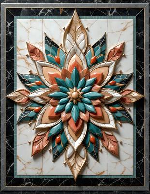 The primary subject of the image is a beautifully crafted, intricately designed flower made of marble. The flower is the focal point of the scene, and it is set against a backdrop of a marble wall. The visual style of the image is a combination of artistic and natural elements, creating a unique and captivating piece. The colors and mood of the image are predominantly earthy tones, such as brown, green, and blue, which evoke a sense of natural beauty and elegance