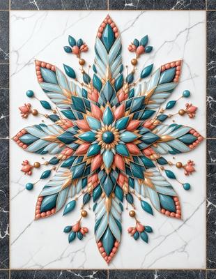 The primary subject of the image is a beautifully crafted, colorful, and intricate design. The setting is a white marble surface, which serves as the background for the artwork. The visual style is a combination of digital art and illustration, creating a vibrant and captivating scene. The colors and mood of the image are predominantly blue and pink, giving it a warm and inviting atmosphere.