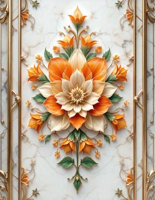 The primary subject of the image is a beautifully designed flower pattern, which is the main focus of the image. The setting is a marble wall, and the visual style is a combination of digital art and illustration. The dominant colors in the image are orange and white, creating a warm and inviting atmosphere.