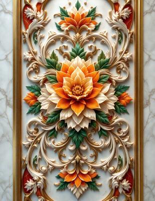 Primary subject: A beautifully designed wall with a large flower pattern.

Setting/background: The wall is part of a building, and the flower pattern is intricately carved into the marble.

Visual style: The image is a digital artwork, showcasing the intricate design of the flower pattern.

Colors and mood: The dominant colors are orange and white, creating a warm and inviting atmosphere.