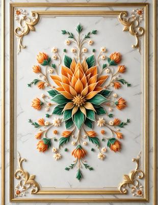 The primary subject of the image is a beautifully designed and intricately painted floral pattern. The setting is a white marble wall, which serves as the backdrop for the artwork. The visual style is a combination of digital art and illustration, creating a vibrant and lively atmosphere. The colors and mood of the image are predominantly orange and green, giving it a warm and inviting feel.