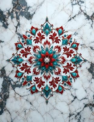 The primary subject of the image is a colorful, intricately designed flower pattern. The setting is a marble surface, which adds a sense of elegance and sophistication to the scene. The visual style is a combination of photo and digital art, creating a vibrant and eye-catching design. The dominant colors in the image are red, blue, and green, which contribute to a lively and cheerful atmosphere.