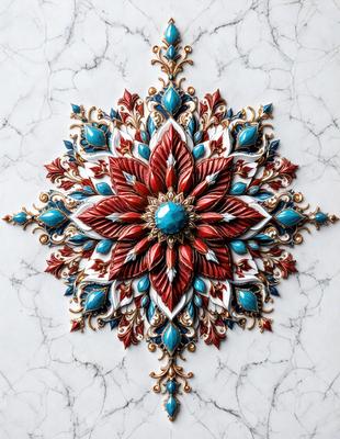 The primary subject of the image is a beautifully crafted, intricately designed, and colorful artwork. The artwork features a central blue gemstone, surrounded by a vibrant and ornate design. The setting is a marble surface, which adds to the elegance and sophistication of the artwork. The visual style is a combination of digital art and illustration, creating a unique and captivating piece of art. The colors and mood of the artwork are predominantly blue and red,