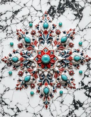 The primary subject of the image is a beautifully crafted, intricately designed, and colorful marble or stonework. The setting is a marble or stone surface, which serves as the background for the artwork. The visual style of the image is a combination of photo and digital art, illustration, or drawing, showcasing the craftsmanship and attention to detail. The colors and mood of the image are vibrant and lively, with a focus on the blue and red colors that stand out in